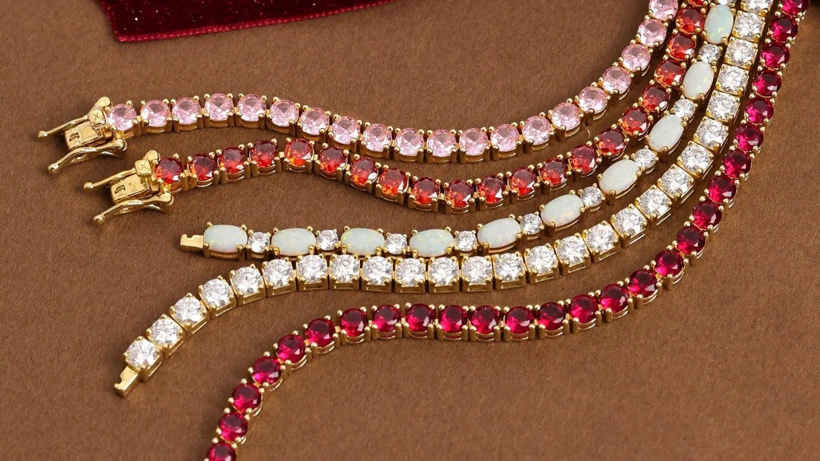 Gold Tennis Bracelets With Pink, Red, Opal And Clear Gemstones