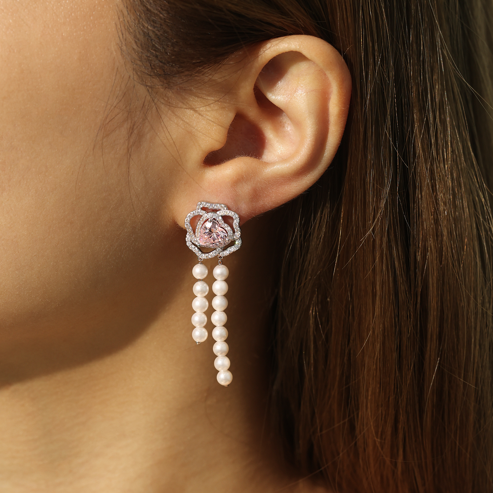 FANCI ME "Rose Amour" Sterling Silver Pearl Threader Earrings Main