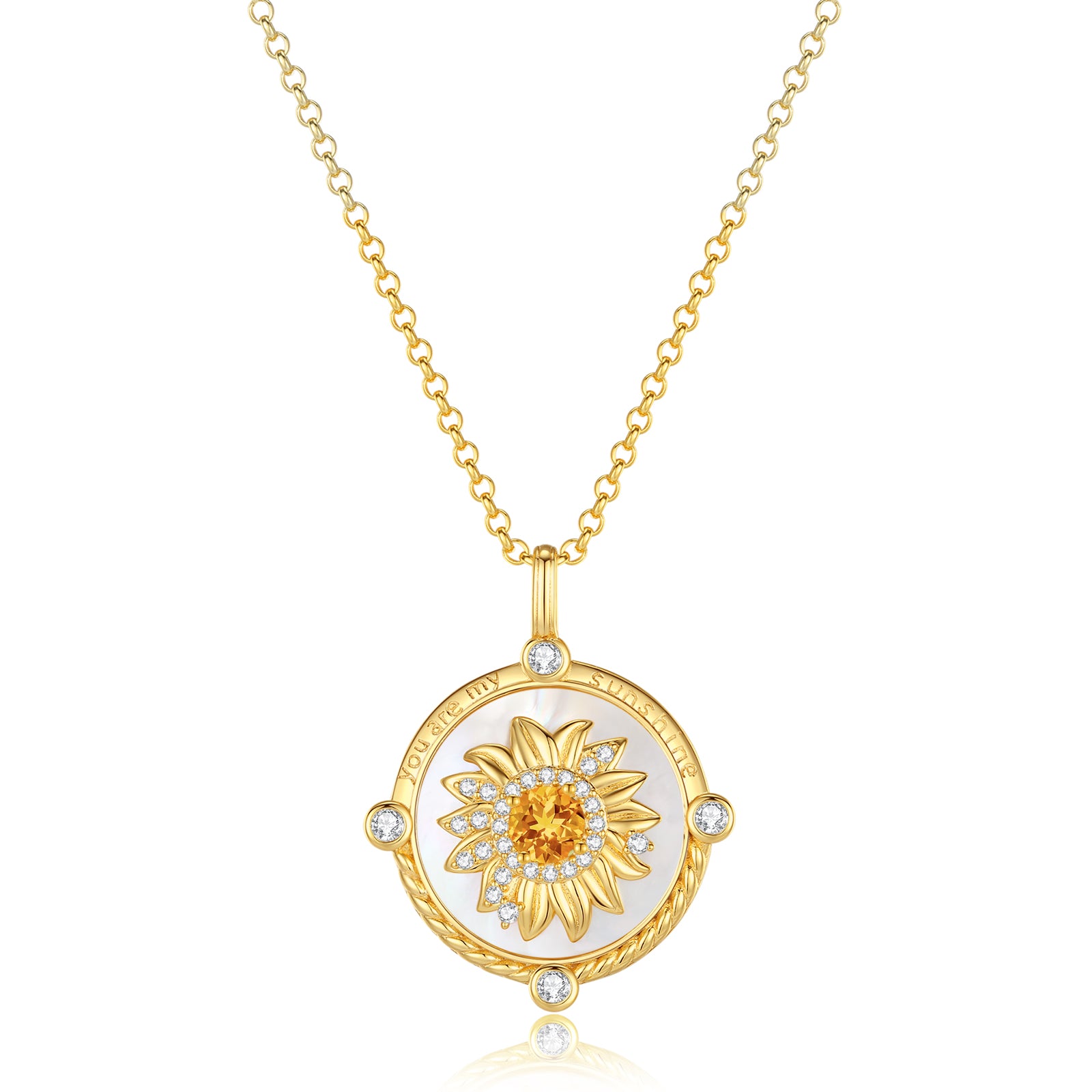 FANCIME „My Sunshine“ Sonnenblumen-Halskette aus Perlmutt, Citrin und Geburtsstein, drehbar, aus Sterlingsilber