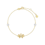 Luxuriöses, verstellbares Armband aus 14-karätigem Gelbgold mit Lotusblütenmotiv und 4 mm großen Süßwasserperlen – feinster Schmuck