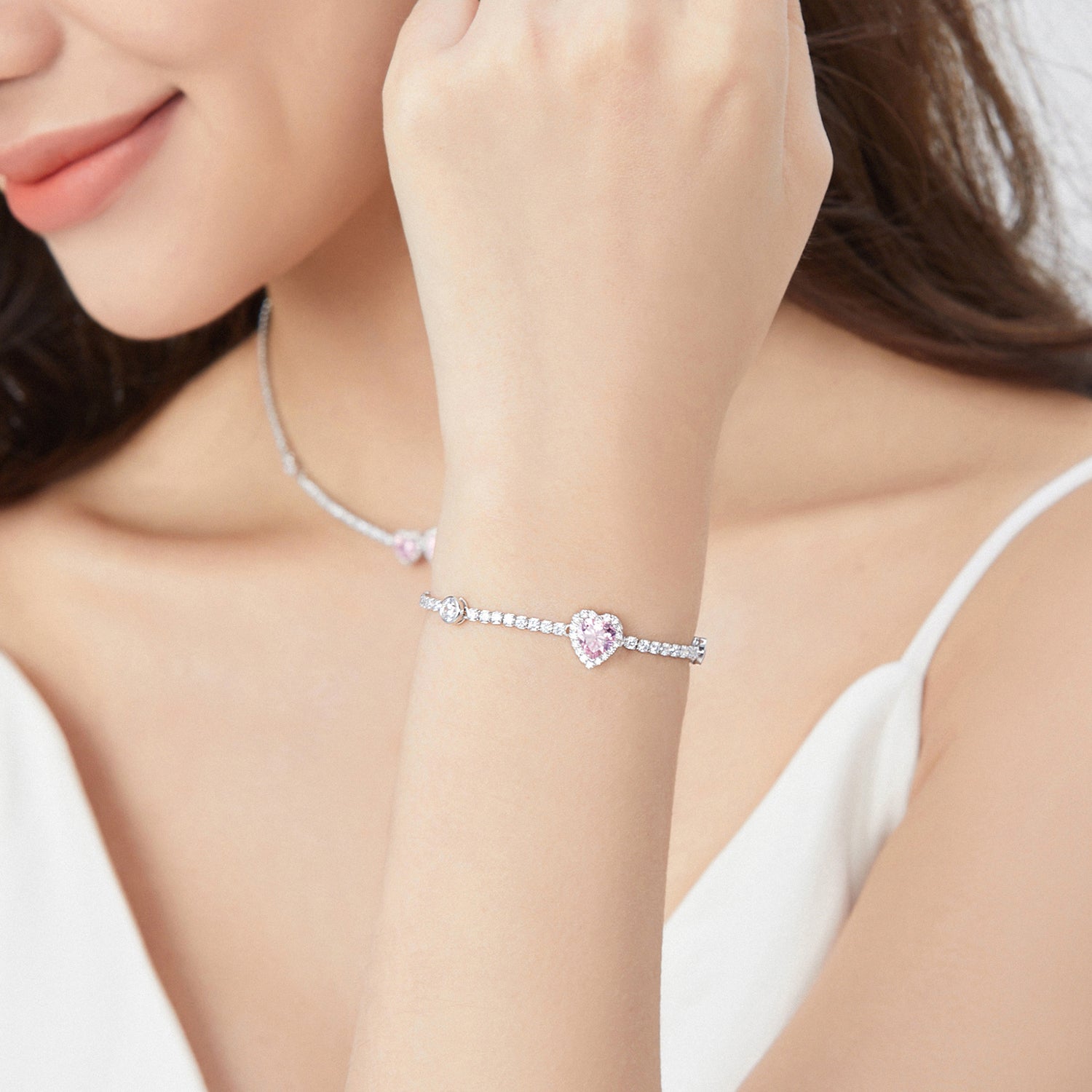 FANCIME "Pink Impression" Halo Heart Tennis Sterling Silver Bracelet Model