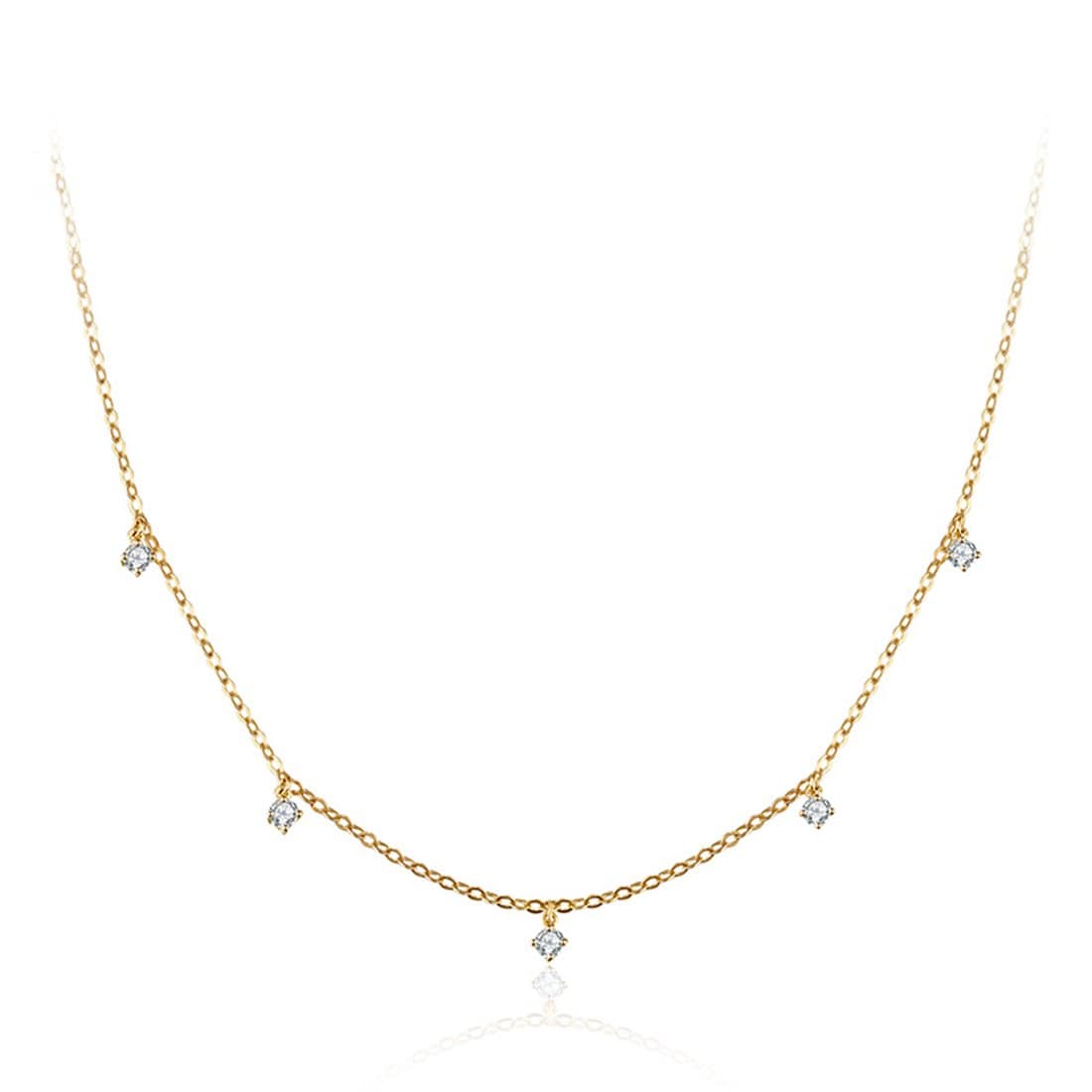 Fanci “5 Stone” Minimalist Chain 14K Solid Gold Necklace Main