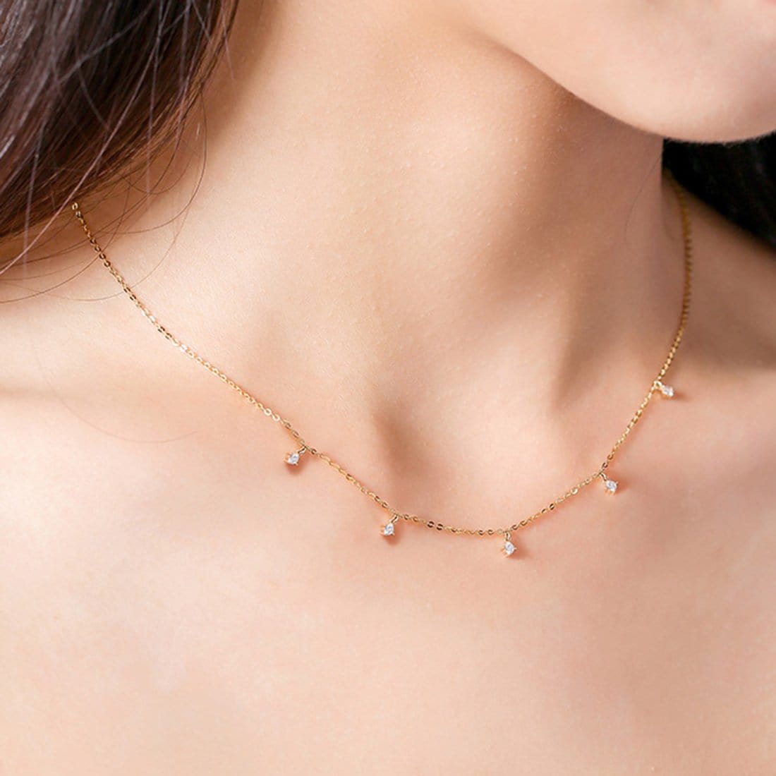 Fanci “5 Stone” Minimalist Chain 14K Solid Gold Necklace Show