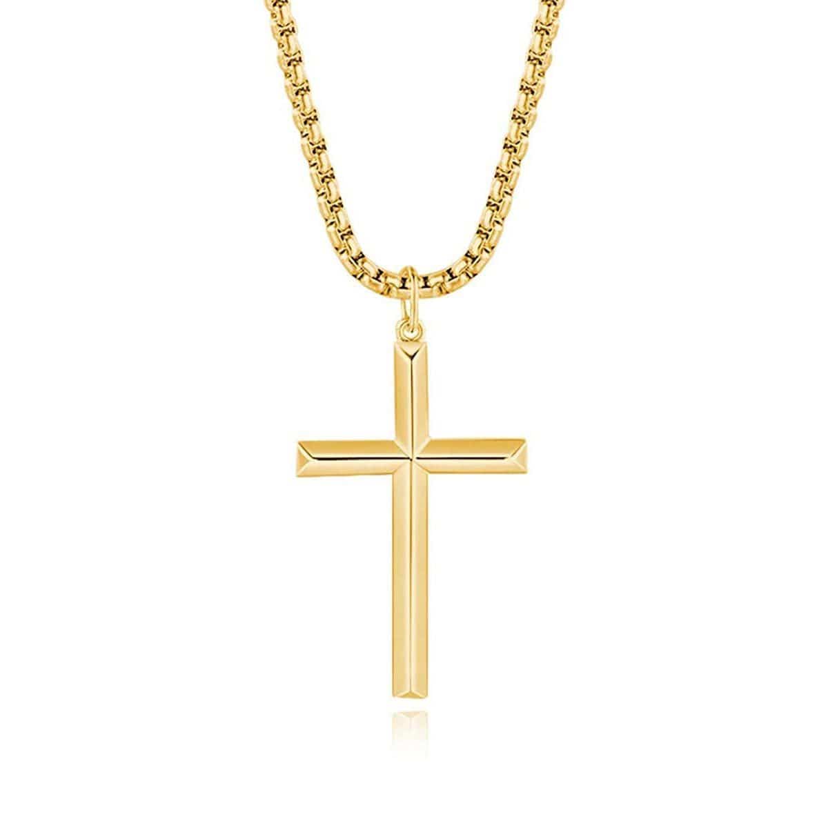 FANCIME Plated Mens Beveled Cross 14K Yellow Gold Necklace Main
