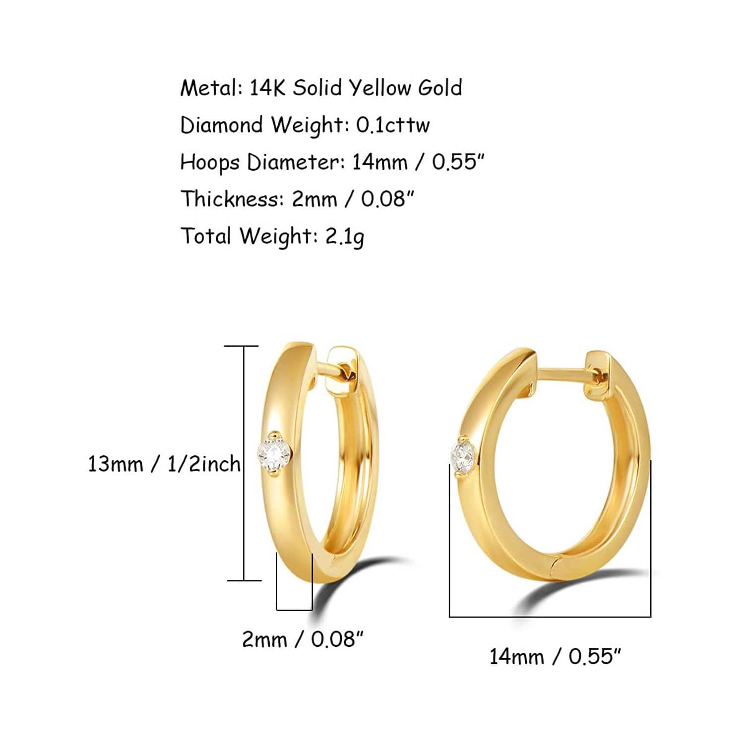 FANCIME Dainty Diamond 14K Yellow Gold Hoop Earrings Size
