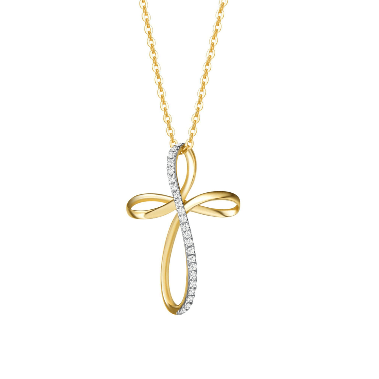 Ribbon design cross necklace in yellow gold paved with white diamonds