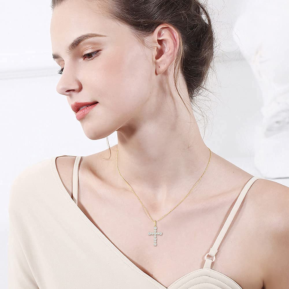 FANCIME White Sapphire Cross 14K Yellow Gold Necklace Show