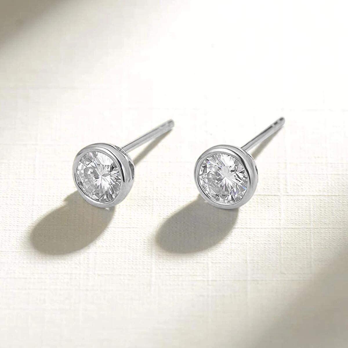 FANCIME 1 CTTW  Moissanite Bezel 14K Solid White Gold Stud Earrings Show