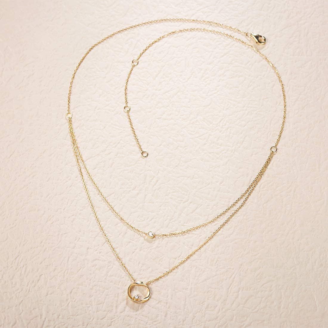 FANCIME Diamond and Circle Layered 14K Yellow Gold Necklace Full