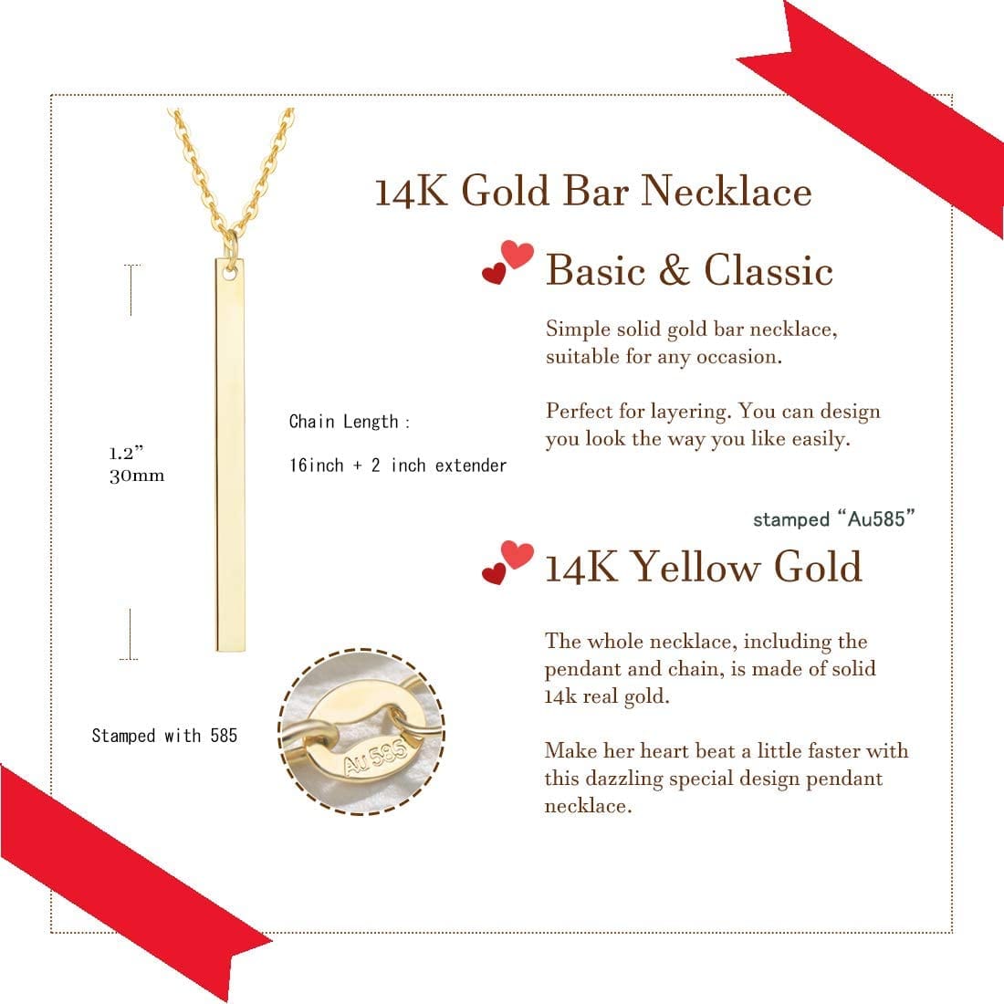 FANCIME Minimalist Bar Vertical Drop 14K Yellow Gold Necklace Size