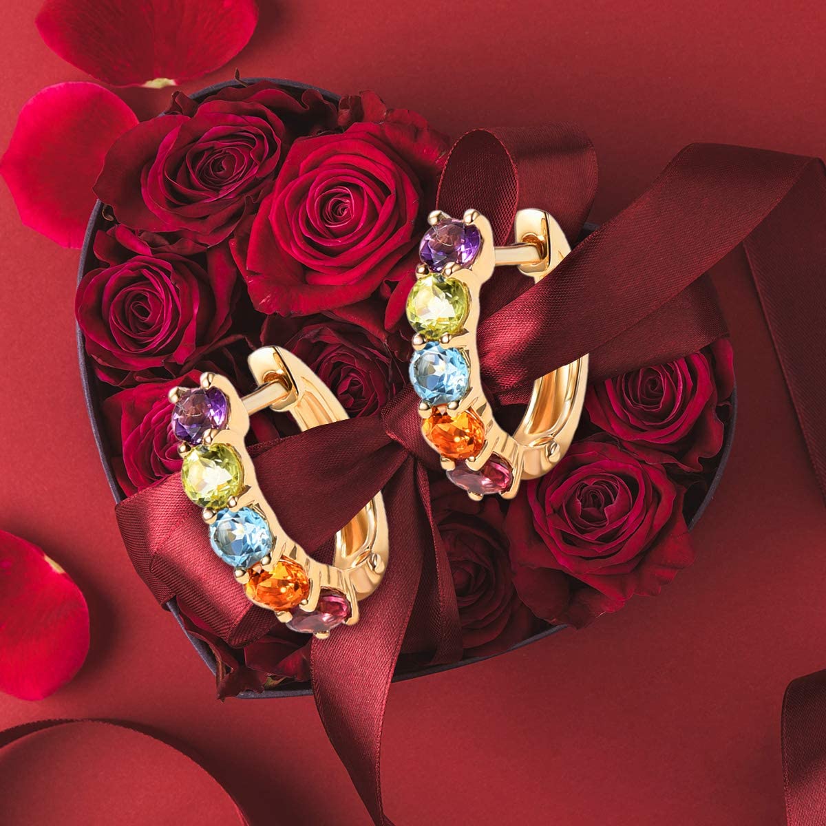 FANCIME 14k "Rainbow Gemstones" Huggie Cartilage Hoop Earrings Show