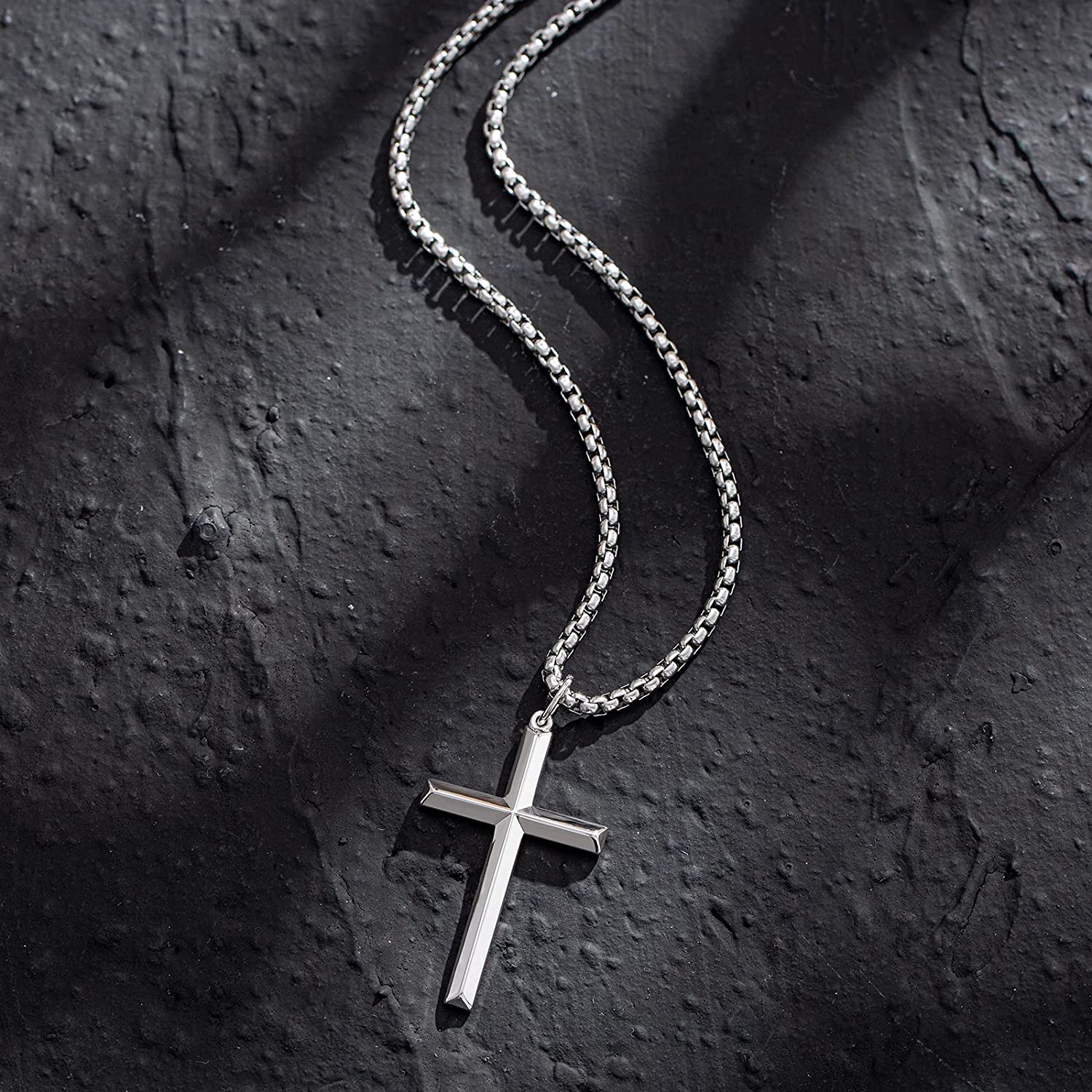 FANCIME Mens Beveled Cross Sterling Silver Necklace Full