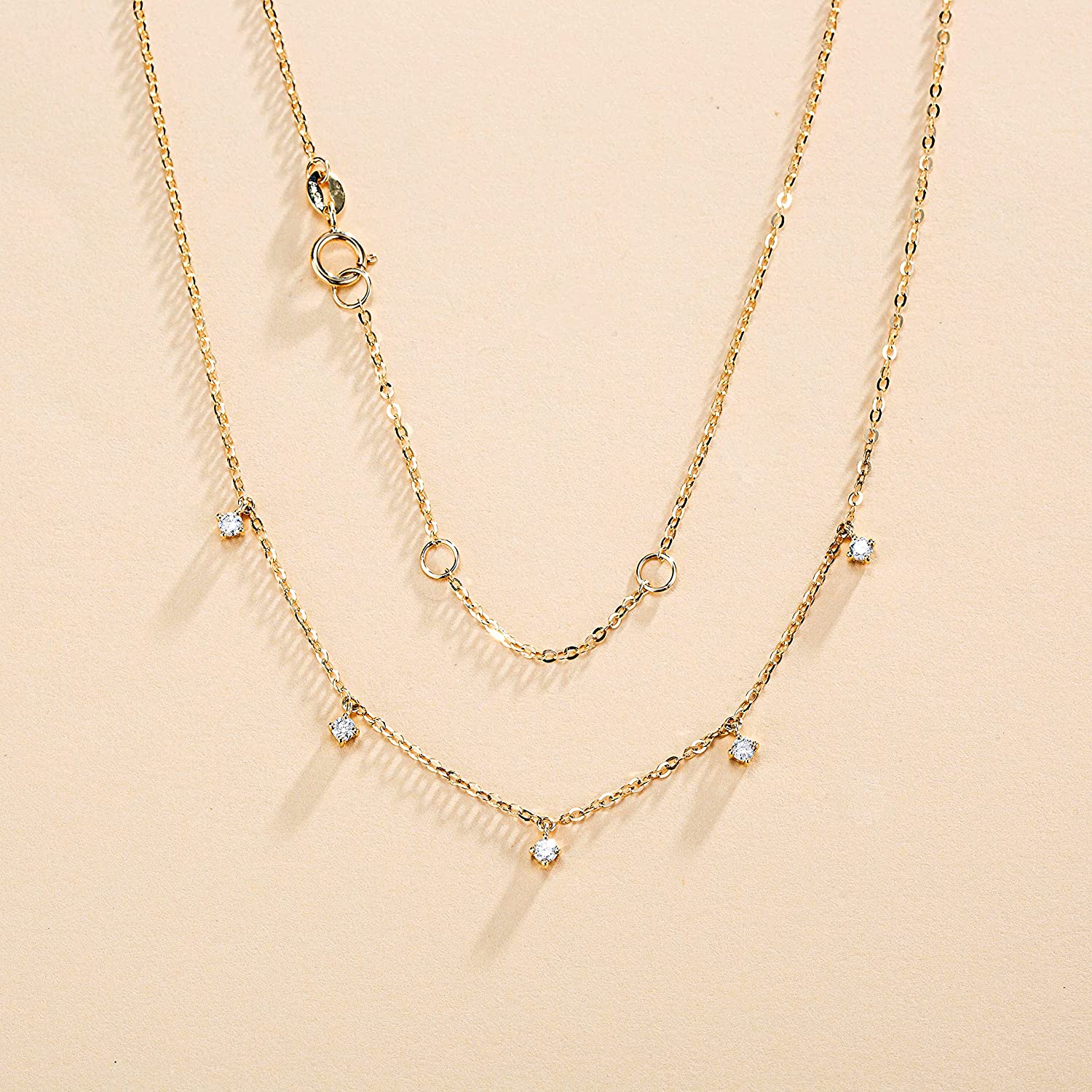 Fanci “5 Stone” Minimalist Chain 14K Solid Gold Necklace Full