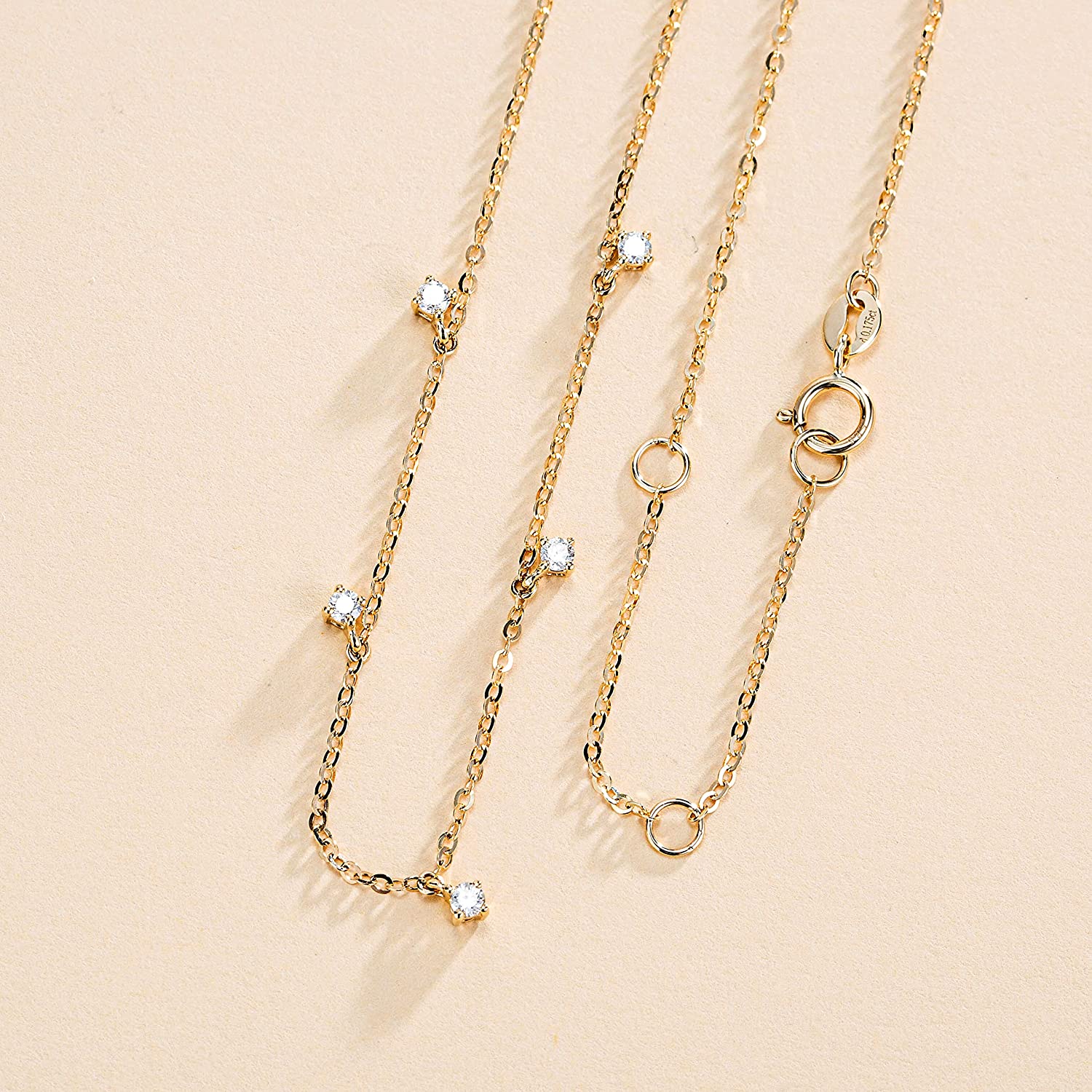 Fanci “5 Stone” Minimalist Chain 14K Solid Gold Necklace Full