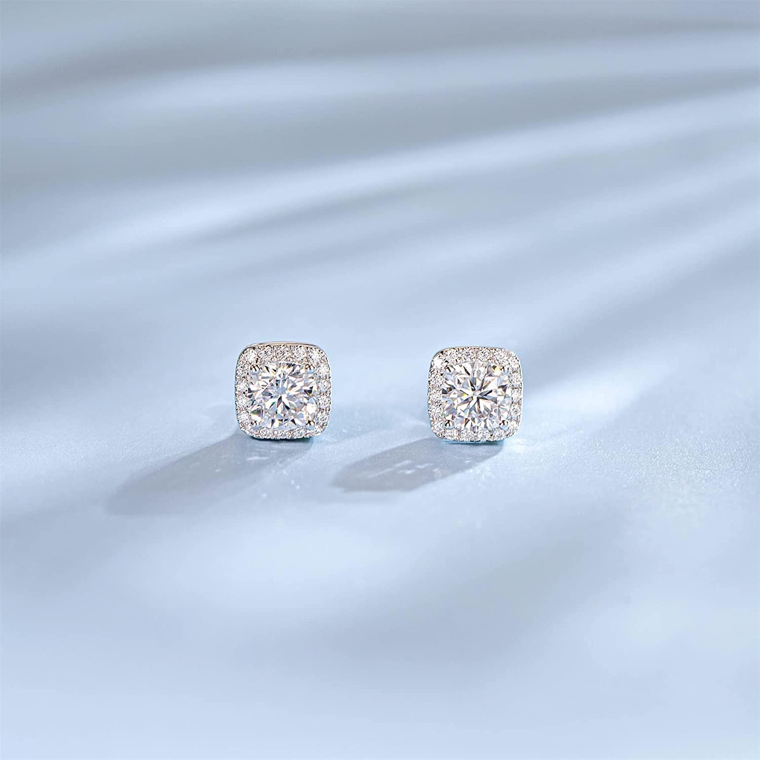 FANCIME 2CTTW Moissanite Square 14K Solid White Gold Stud Earrings Show