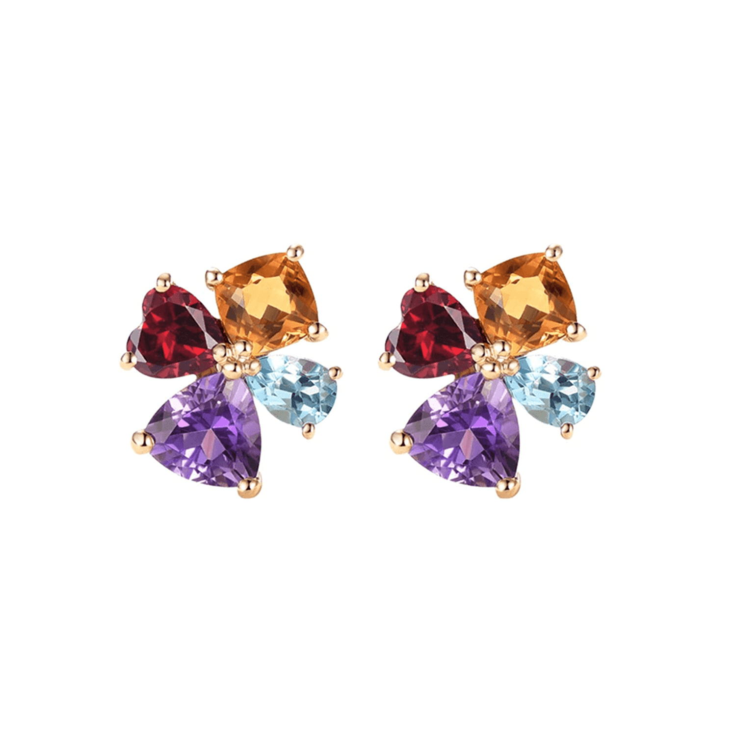 Cluster flower fancy shape gemstone studs in 14k yellow gold